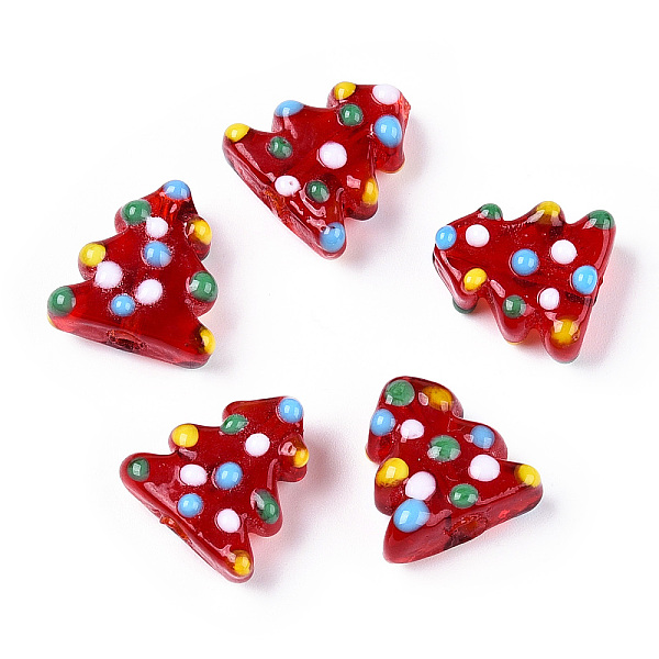 Christmas Theme Handmade Lampwork Bumpy Beads, Christmas Tree, Crimson, 16-18x14.5-16x7.5-8.5mm, Hole: 1.8-2mm