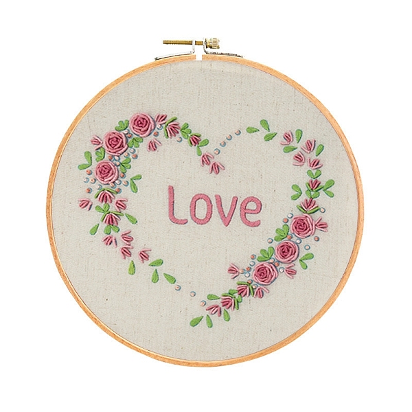PandaHall Embroidery Starter Kits, including Embroidery Fabric & Thread, Needle, Instruction Sheet, Love Heart & Rose for Valentine's Day...