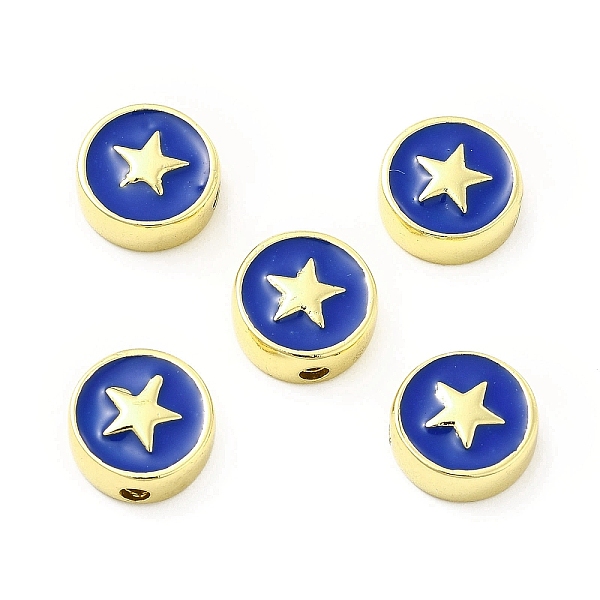 

PandaHall Brass Enamel Beads, Flat Round with Star, Golden, Blue, 10.8x4.6mm, Hole: 2mm Brass+Enamel Flat Round Blue