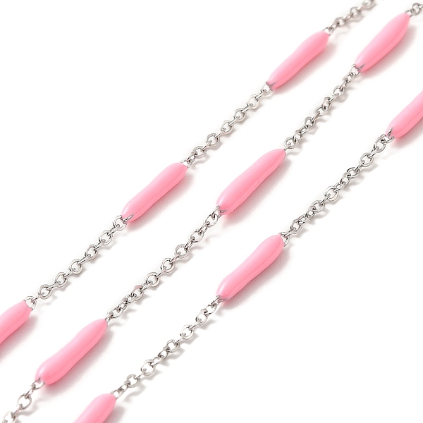 

PandaHall Enamel Column Link Chains, with 304 Stainless Steel Cable Chains, Unwelded, with Spool, Pink, 14~17x2~3mm and 1.5x2x0.5mm, about...