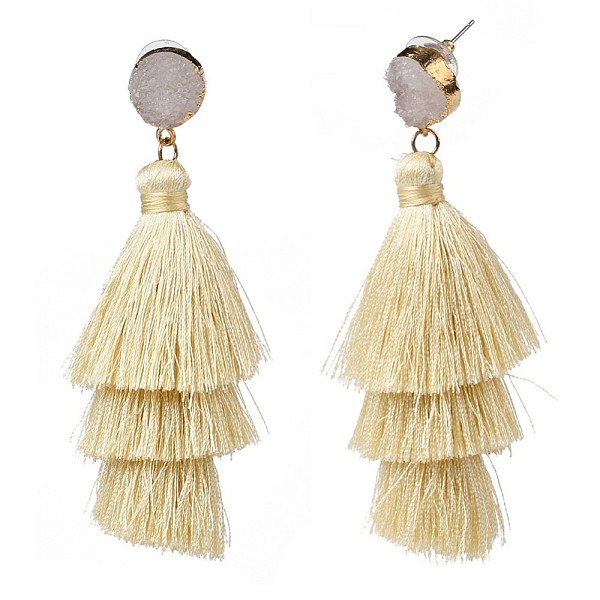 

PandaHall SHEGRACE Brass Stud Earrings, Dangle Earrings, with Resin and Tassel Pendants, Light Khaki, 88mm Resin