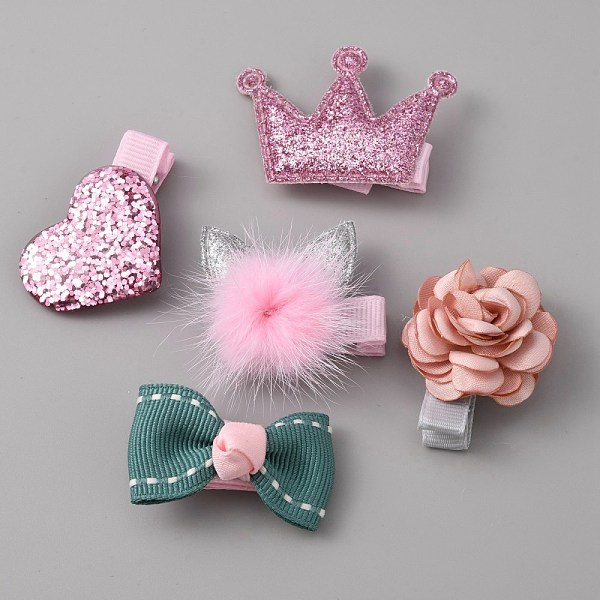 

PandaHall Cute Cat/Bowknot/Heart/Crown/Flower Polyester Alligator Hair Clips Set, with Iron Finding, for Girls, Mixed Color, 32x44x10mm..., Multicolor