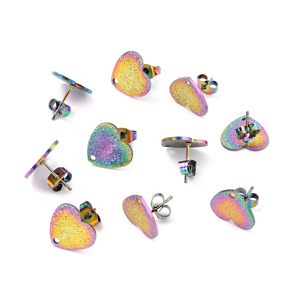 

PandaHall Ion Plating(IP) 304 Stainless Steel Stud Earring Findings, with Ear Nuts, Textured Heart, Rainbow Color, 12x13mm, Hole: 1.5mm, Pin...