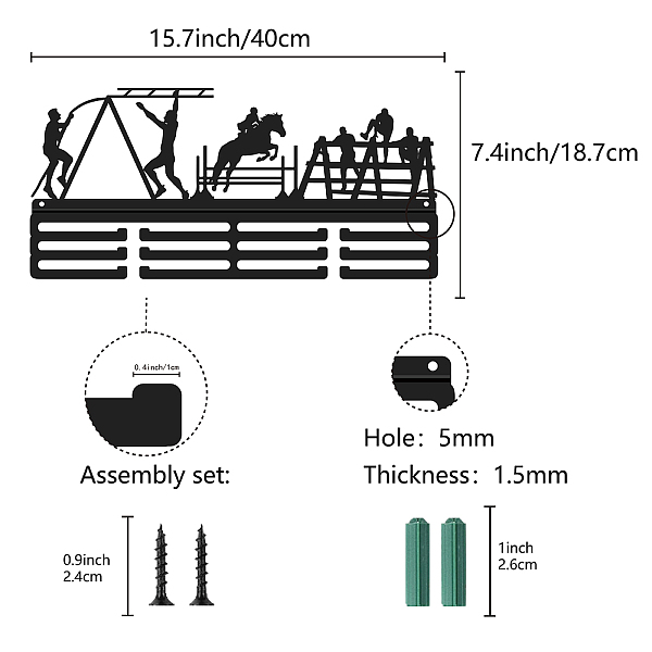 

PandaHall Iron Medal Holder, Medals Display Hanger Rack, 3 Line Medal Holder Frame, with Screws, Rectangle, Sports Themed Pattern, 187x400mm..., Black