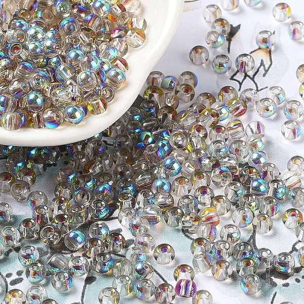 

PandaHall Glass Seed Beads, Half Plated, Transparent Colours Rainbow, Round Hole, Round, Light Grey, 4x3mm, Hole: 1.2mm, 7500pcs/pound Glass
