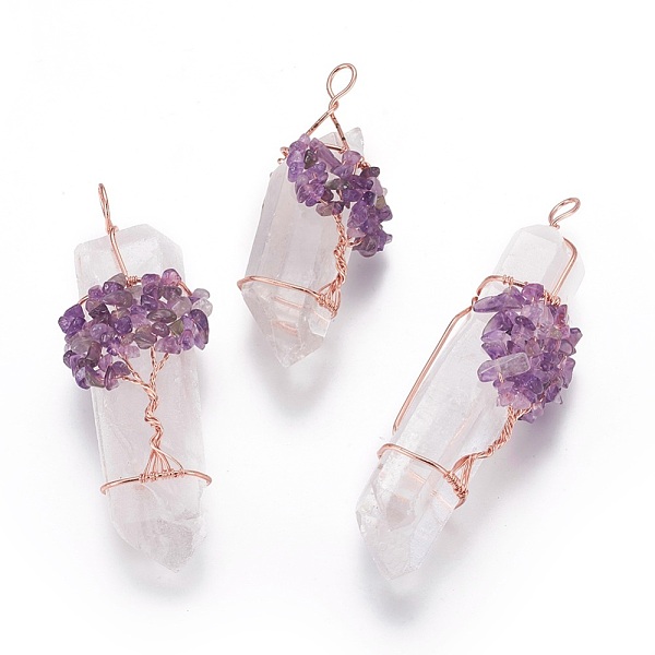

PandaHall Natural Quartz Crystal Big Pendants, with Amethyst Chips and Brass Findings, Nuggets, Rose Gold, 58~105x22~35mm, Hole: 5~12mm..., Purple