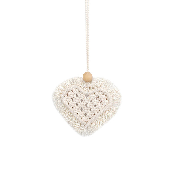 PandaHall Heart Shaped Boho Handmade Macrame Cotton Hanging Ornament, for Car Rear View Mirror Decoration, Snow, 80x95mm Cotton Heart White