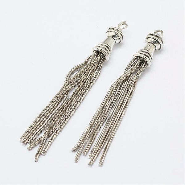 

PandaHall Brass Curb Chain Tassel Pendants, with Alloy Caps, Antique Silver, 80~84x9mm, Hole: 3mm Brass