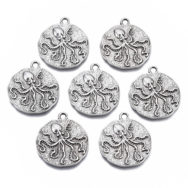 PandaHall Tibetan Style Alloy Pendants, Cadmium Free & Nickel Free & Lead Free, Flat Round with Octopus, Thailand Sterling Silver Plated...