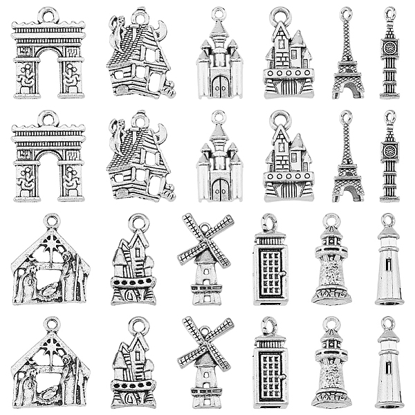 

PandaHall HOBBIESAY 120Pcs 12 Style Tibetan Style Alloy Pendants, Eiffel Tower & Castle & Lighthouse & House, Antique Silver...