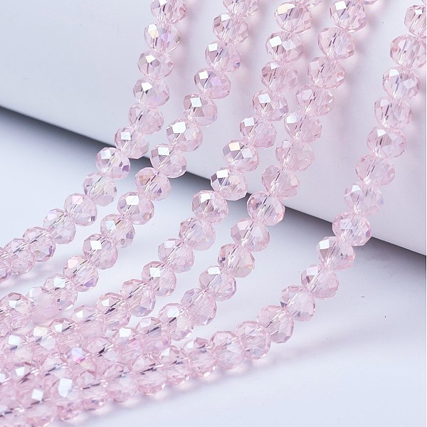 

PandaHall Electroplate Glass Beads Strands, AB Color Plated, Faceted, Rondelle, Pink, 4x3mm, Hole: 0.4mm, about 123~127pcs/strand, 16.5~16.9...