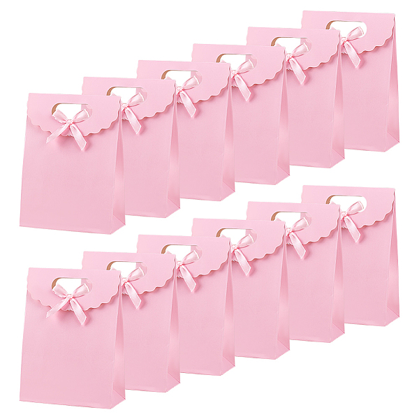 

PandaHall Rectangle Paper Gift Bags, Ribbon Bowknot Decorated Candy Tote for Birthday, Wedding, Pink, 16.5x12x6cm Paper Rectangle Pink