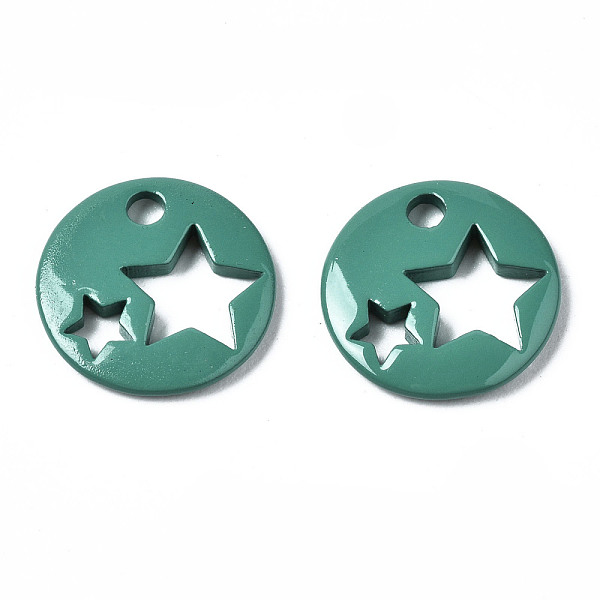 

PandaHall Spray Painted Brass Charms, Flat Round with Star, Teal, 14.5x14.5x2.5mm, Hole: 2mm Brass Flat Round Cyan