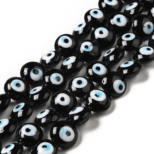 

PandaHall Handmade Evil Eye Lampwork Beads Strands, Flat Round, Black, 12.5x7.5mm, Hole: 1.6mm, about 33pcs/strand, 15.12''(38.4cm) Lampwork...