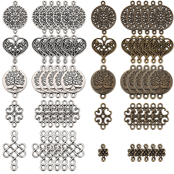 

PandaHall SUNNYCLUE 100Pcs 10 Styles Tibetan Style Alloy Connector Charms, Heart & Chinese Knot & Flat Round, Mixed Color...