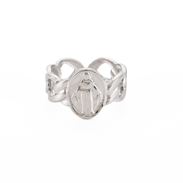 

PandaHall 304 Stainless Steel Flat Round with Virgin Mary Open Cuff Ring for Women, Stainless Steel Color, US Size 8 1/2(18.5mm) 304...
