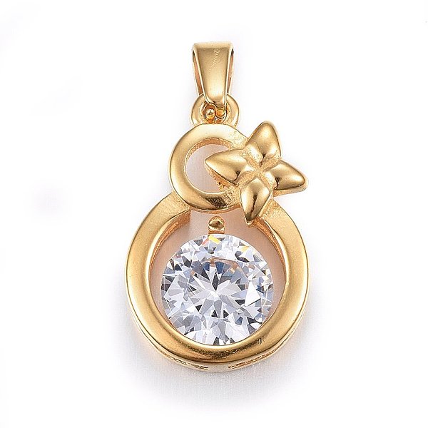 

PandaHall 304 Stainless Steel Pendants, with Cubic Zirconia, Flat Round with Flower, Clear, Golden, 20x13x6mm, Hole: 6x3mm Stainless...