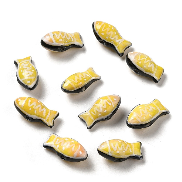 

PandaHall Handmade Printed Porcelain Beads, Famille Rose Porcelain, Fish, Yellow, 11x21.5~22x9mm, Hole: 1.5~1.8mm Porcelain Fish Yellow