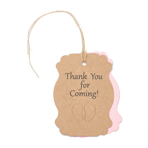 PandaHall Paper Duplex Hang Tags, with Hemp Ropes, with Word Thank You for Coming & Footed Pattern, for Baby Show Gifts Decorative, Pink...