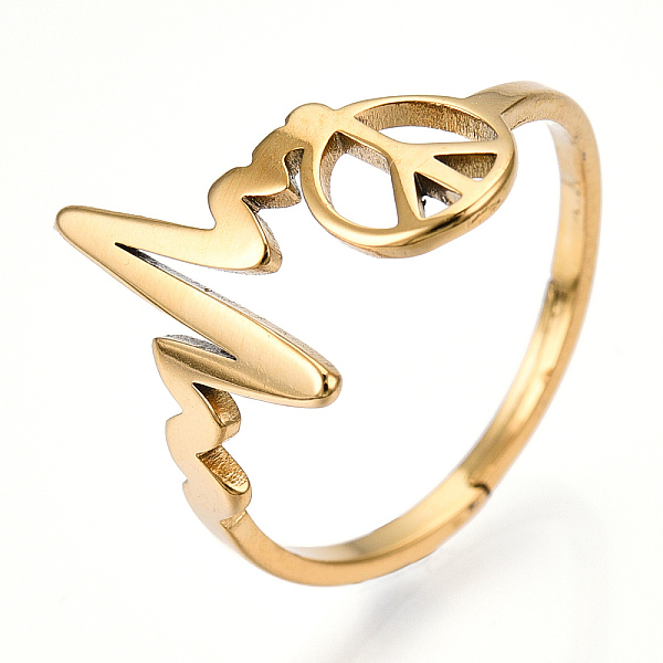 

PandaHall Ion Plating(IP) 304 Stainless Steel Heart Bit with Peace Sign Adjustable Ring, Wide Band Ring for Women, Real 18K Gold Plated, US...