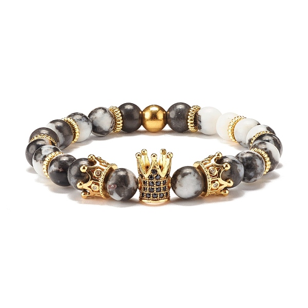 

PandaHall Round Natural Zebra Jasper Beaded Stretch Bracelet with Crown for Women, Golden, Inner Diameter: 2-1/4 inch(5.6cm) Zebra Jasper