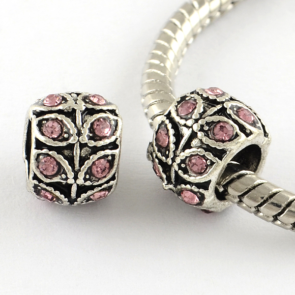 

PandaHall Antique Silver Plated Alloy Rhinestone Large Hole European Beads, Rondelle with Leaf, Light Rose, 9x7mm, Hole: 5mm..., Pink