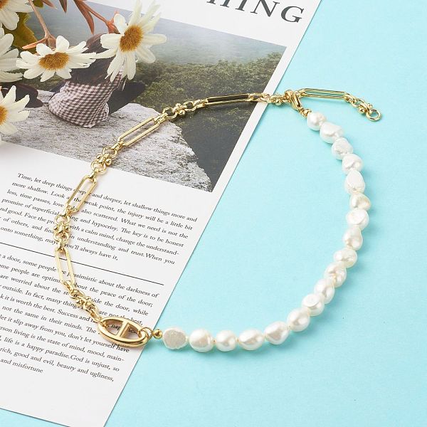 

PandaHall Natural Baroque Pearl Beaded Necklaces, with Brass Paperclip Chains & 304 Stainless Steel Links, Real 18K Gold Plated, 18.11 inch...