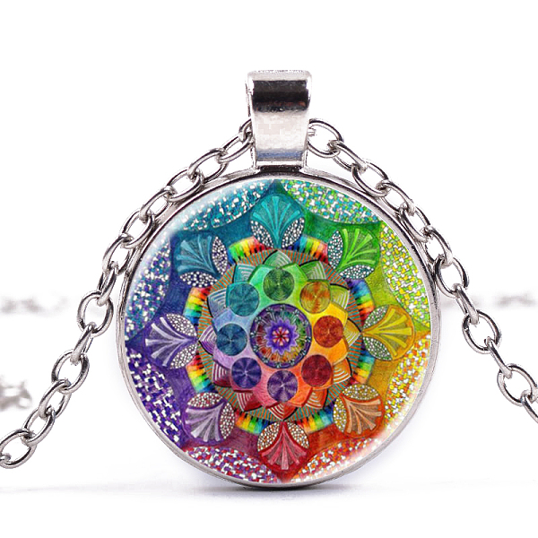 

PandaHall Flower of Life Glass Pendant Necklace, Om Aum Ohm Symbol Alloy Jewelry for Women, Platinum, 15.75 inch~19.76 inch(40~50.2cm) Glass