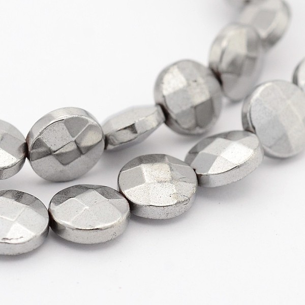 

PandaHall Electroplate Non-magnetic Synthetic Hematite Bead Strands, Faceted Flat Round, Platinum Plated, 8x4mm, Hole: 1mm, about...
