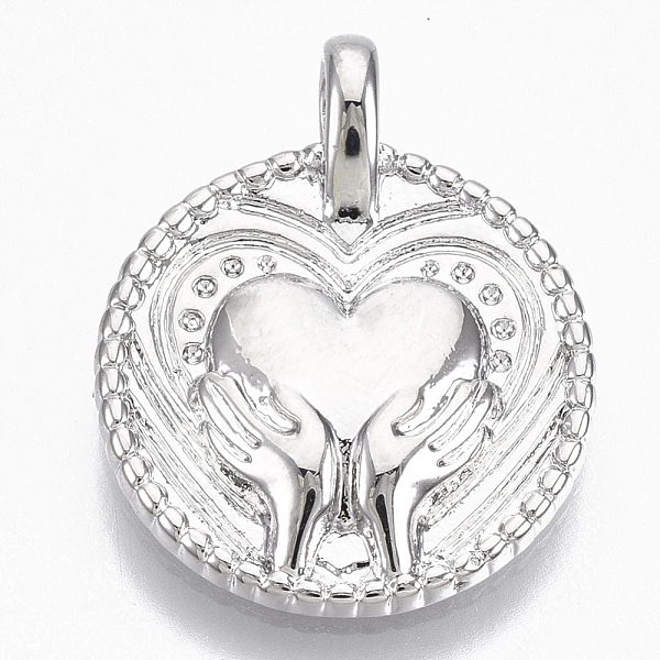 

PandaHall Brass Pendants, Nickel Free, Flat Round, Hands Hold Heart, for Mother's Day, Real Platinum Plated, 21x17x4.5mm, Hole: 2.8mm Brass...