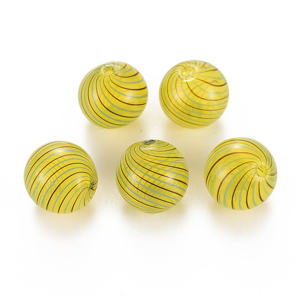 

PandaHall Transparent Handmade Blown Glass Globe Beads, Stripe Pattern, Round, Light Khaki, 13~14mm, Hole: 1~2mm Glass Round