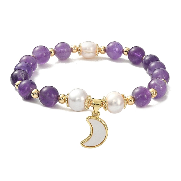 

PandaHall Natural Amethyst & Pearl Beaded Stretch Bracelet, Natural Shell Moon Charms Adjustable Bracelet for Women, Inner Diameter: 2-1/4...