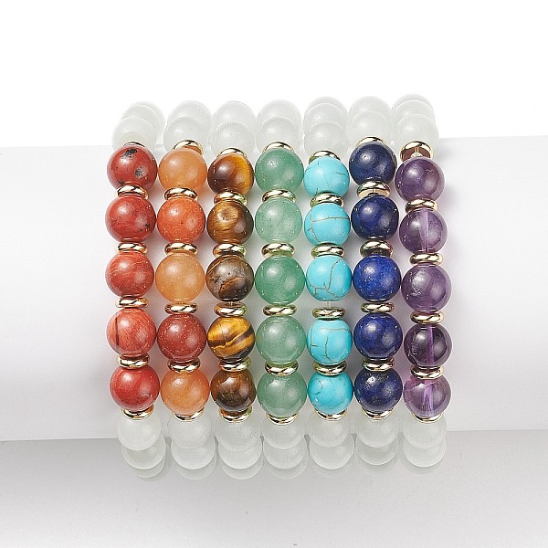 

PandaHall 7Pcs 7 Style Natural & Synthetic Mixed Gemstone & Cat Eye Round Beaded Stretch Bracelets Set, Chakra Yoga Stackable Bracelets for...
