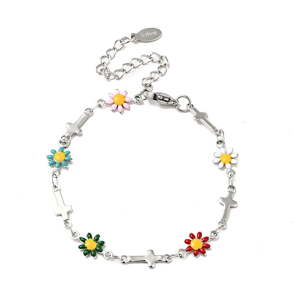 

PandaHall Enamel Flower & Cross Link Chain Bracelet, with Random Color Flower, Stainless Steel Color Plated 304 Stainless Steel Jewelry for...