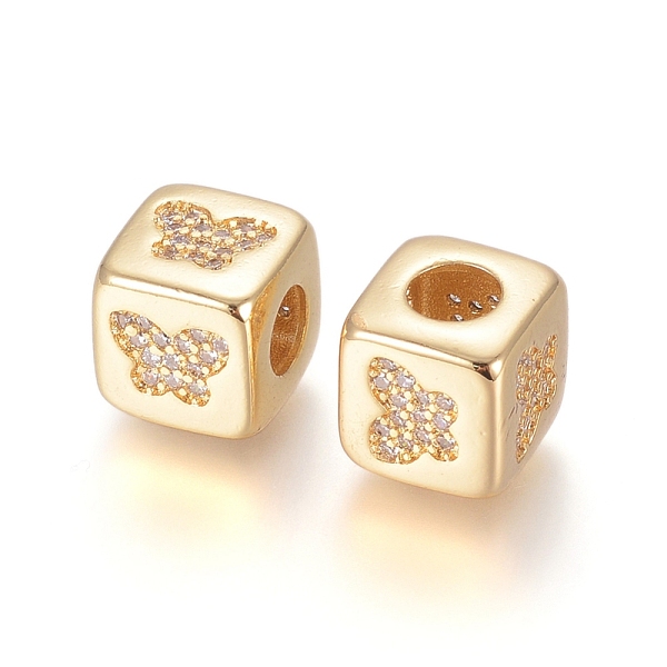 

PandaHall Brass Micro Pave Cubic Zirconia European Beads, Large Hole Beads, Long-Lasting Plated, Cube with Butterfly Pattern, Clear, Golden...