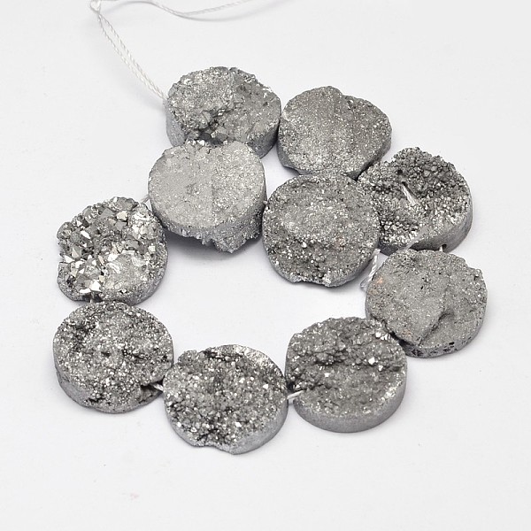 

PandaHall Electroplated Natural Druzy Quartz Crystal Beads Strands, Flat Round , Silver Plated, 20x8~10mm, Hole: 1mm, about 10pcs/strand, 8...