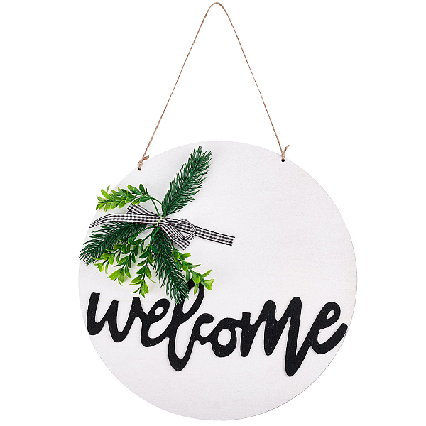 

PandaHall Gorgecraft Wooden Pendant Decorations, Mediterranean Style, Flat Round with Welcome, White, 46cm Wood Flat Round White