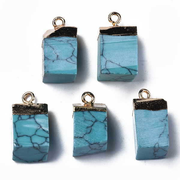 

PandaHall Synthetic Turquoise Pendants, with Golden Brass Findings, Rack Plating, Cube, 18~21x9~12x9~13mm, Hole: 1.6mm Turquoise Cube