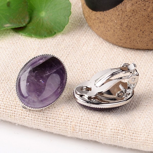 

PandaHall Natural Amethyst Oval Clip-on Earrings, with Platinum Plated Brass Findings, 21x15mm Amethyst