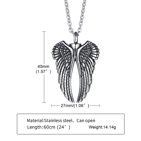 

PandaHall Stainless Steel Wing Urn Ashes Pendant Necklace, Memorial Jewelry for Men Women, Antique Silver, 23.62 inch(60cm) Stainless Steel