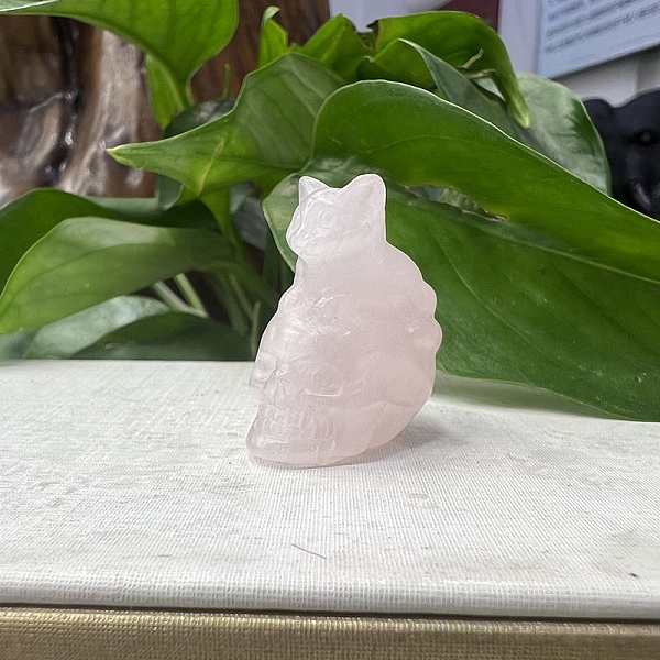 

PandaHall Natural Rose Quartz Carved Skull with Cat Figurines, for Home Office Desktop Feng Shui Ornament, 30~40mm Rose Quartz Cat Shape