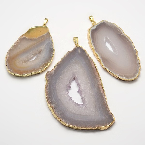 

PandaHall Nuggets Natural Agate Big Pendants, with Brass Findings, Golden, 69~100x42~61x5~6mm, Hole: 3~5x7~8mm Natural Agate Nuggets