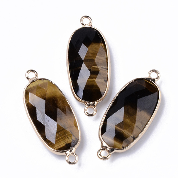

PandaHall Natural Tiger Eye Links Connectors, with Light Gold Plated Edge Brass Loops, Oval, Faceted, 27x11x5.5mm, Hole: 2mm Tiger Eye Oval