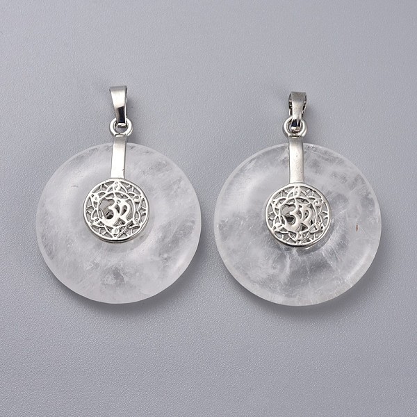 

PandaHall Natural Quartz Crystal Pendants, Rock Crystal Pendants, with Platinum Tone Brass Findings, Donut/Pi Disc with Aum/Om Symbol..., White