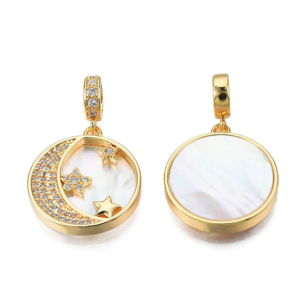

PandaHall Brass Micro Pave Clear Cubic Zirconia Pendants, with Natural Shell, Real 18K Gold Plated, Nickel Free, Flat Round with Moon & Star...