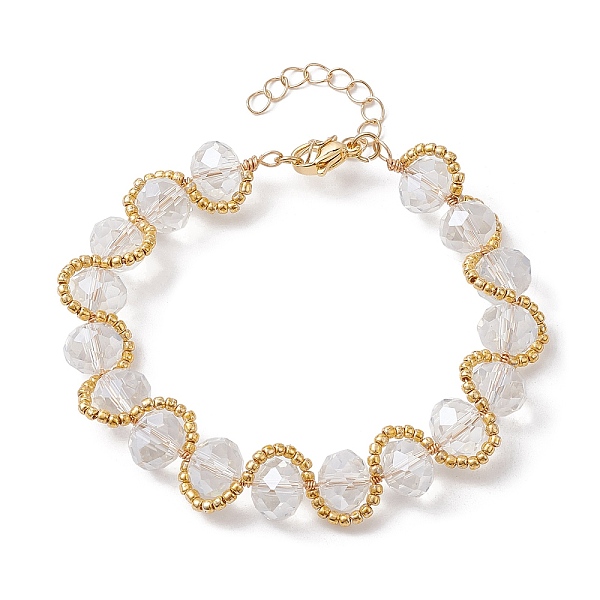 

PandaHall Glass & Seed Beaded Bracelet with Golden Alloy Clasps, Clear, 7-5/8 inch(19.5cm) Glass Round Clear