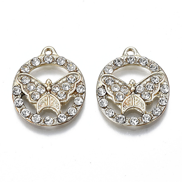 

PandaHall UV Plated Alloy Pendants, with Crystal Rhinestone, Flat Round with Butterfly, Cadmium Free & Lead Free, Light Gold, 22.5x19x3mm..., Clear