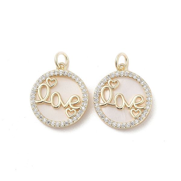

PandaHall Brass Pendants Pave Shell, with Clear Cubic Zirconia, Round with Word Love, Golden, 18x16x3mm Brass+Cubic Zirconia+Shell Clear