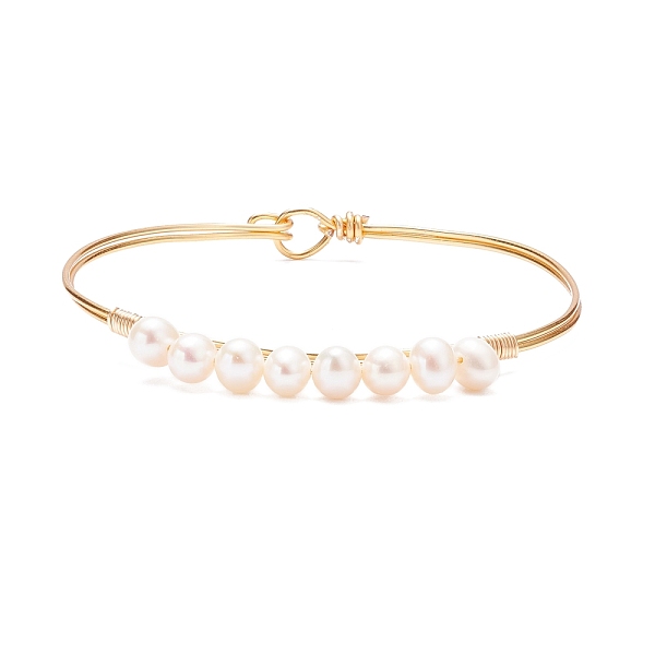 

PandaHall Natural Pearl Beaded Bangle, Copper Wire Wrap Jewelry for Women, Golden, Inner Diameter: 2-3/8 inch(6cm) Pearl