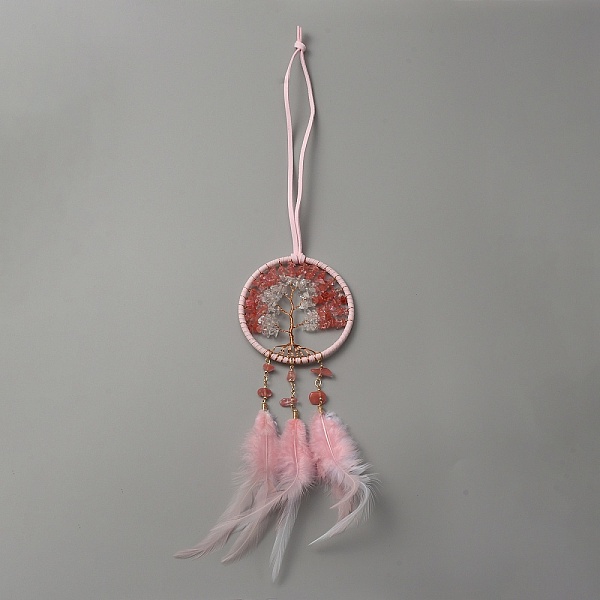 

PandaHall Brass Woven Web/Net with Feather Pendant Decorations, Natural Crystal Quartz Tree of Life Hanging Ornament, with Leather Cord..., Pink